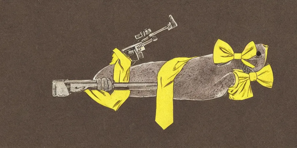 Image similar to a seal with a yellow bow tie holding a rifle and a severed hand