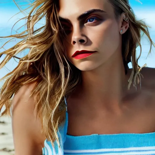 Image similar to sultry portrait of cara delevigne on the beach, 8k, photorealistic