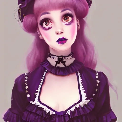 Image similar to a girl wearing lolita clothes, purple lipstick, highly detailed, digital painting, artstation, concept art, smooth, sharp focus, illustration