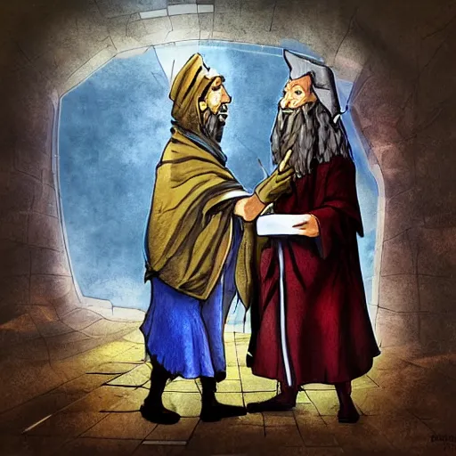 Image similar to two wizards arguing about whose turn it is to take out the trash, digital art