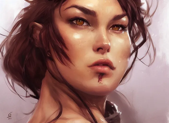 Image similar to portrait of a beautiful female bodybuilder lara croft with plump lips, elegant, fantasy, hd shot, digital portrait, beautiful, artstation, comic style, by artgerm, guy denning, jakub rozalski, magali villeneuve and charlie bowater