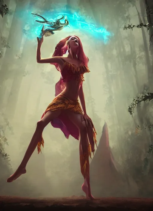 Image similar to enchanted cult girl performing ritual, concept art, elegent, magic background, character portrait, dynamic lighting, octane render aesethic, matte painting, gaudy colors, detailed