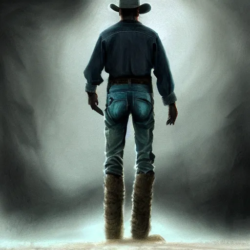 Image similar to a lonely cowboy, DeviantArt, art station, concept art, illustration, highly detailed, artwork, cinematic, hyper realistic