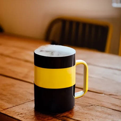 Image similar to yellow coffee mug that looks like a rimowa portmanteau, steaming coffee