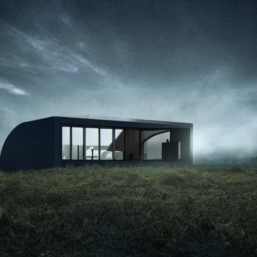 Image similar to a futuristic medium-sized home in the middle of an empty field, hyper-realistic, 4K resolution, dark cinematic, hyperrealism, volumetric lighting, ultra-detailed