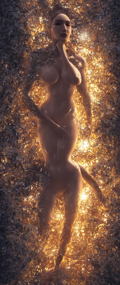 Image similar to a highly detailed digital image of an elegantly posed futuristic woman beautifully intertwined in liquid like leaves, full body shot, by Andrew Chiampo, artstation, and Frederik Heyman, extremely detailed woman, stunning volumetric lighting, hyper realism, unreal engine, fantasy 4k