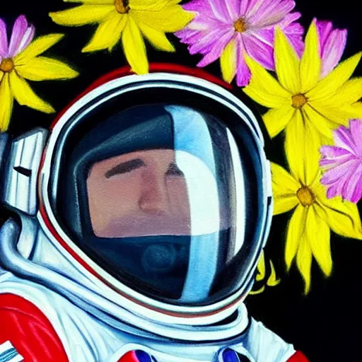 Prompt: a close up painting of an astronaut floating in space. his helmet visor is dark and reflective. you can see the reflection of flowers in his helmet visor.