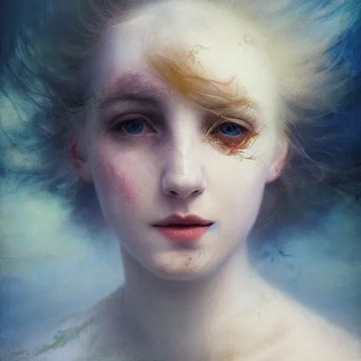 Prompt: dreams of the fae; three-quarters portrait; heterochromia; oil paints; 8k, surrealism, abstract imagery by Aleksi Briclot and Ivan Aivazovsky; blotchy skin, piercing eyes, flowing hair, underwater