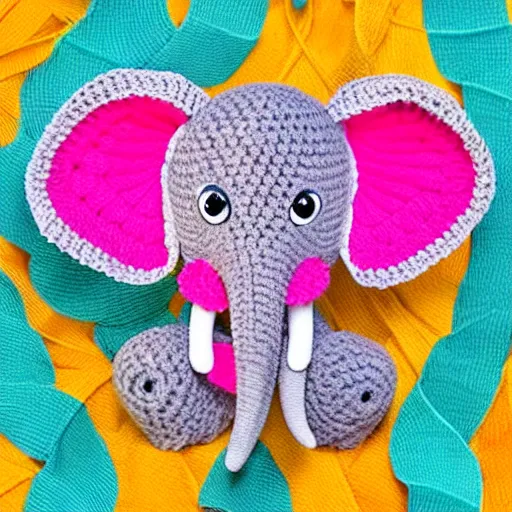 Image similar to close up of a cute crocheted elephant, concept art, illustrated, highly detailed, high quality, bright colors, optimistic,