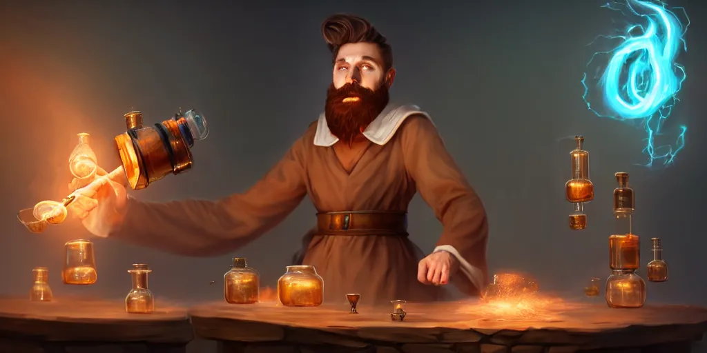 Image similar to a handsome bearded caucasian male sorcerer with brown hair he is casting a spell with flowing energy, he is in a alchemist lab filled with beakers and equipment, neutral pose, waist up, epic composition, 4 k, trending on artstation, in the styles of bo chen and anna podedworna