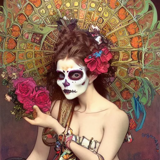 Image similar to realistic detailed photograph of a cute punk Día de los Muertos girl by Mario Testino Alphonse Mucha Ayami Kojima Amano Charlie Bowater, masterpiece