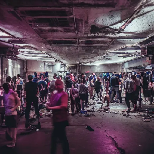 Prompt: photograph of a lot of people inside of a rundown hidden club, closeup, brutalism, retrofuturism, cyberpunk, sigma 85mm f/1.4, 35mm, 4k, depth of field, high resolution, 4k, 8k, hd, full color