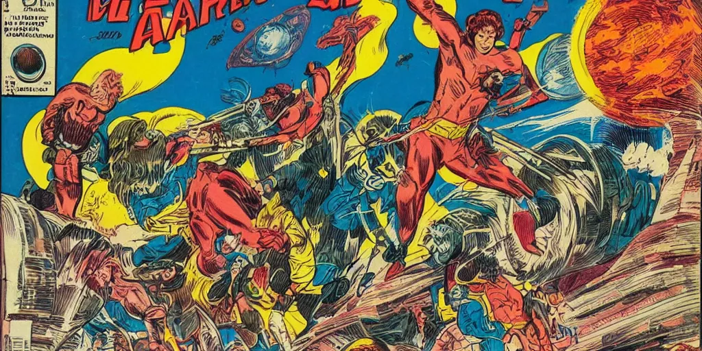 Prompt: a highly detailed beautiful portrait of marsman attacking earth, retro, vintage, comic book seventies