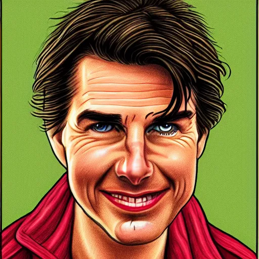 Image similar to a portrait drawing of Tom Cruise drawn by Robert Crumb