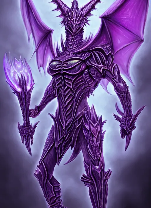 Image similar to muscular and tall purple ghostly fire humanoid dragon!!!! draconian!! intricate ornate iridescent heavy armor!! character concept art, sharp focus, octane render! unreal engine 5! highly rendered!! trending on artstation!! detailed linework!! illustration by artgerm, wlop, and chie yoshii