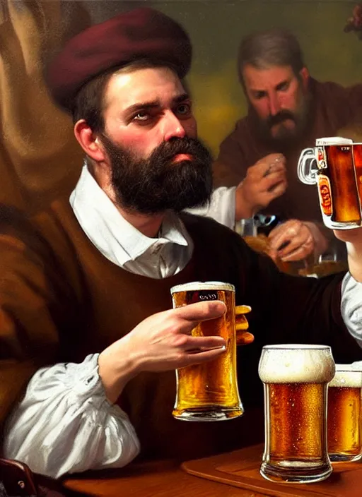 Prompt: large computer table octoberfest invite card, man drinking beer, angry, beer glasses, poker table, photoshoot, 4 k, hyper realistic, natural, highly detailed, digital illustration, trending in artstation, classical painting, smooth, sharp focus art by ilya repin