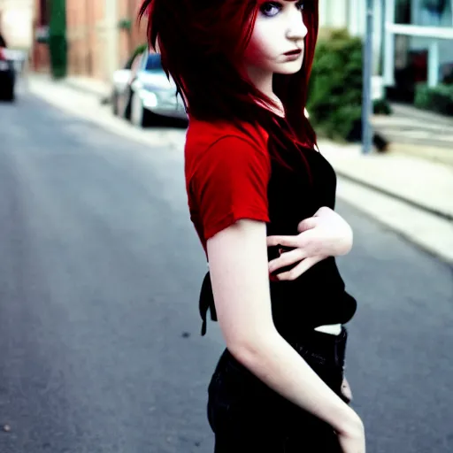 Image similar to a pale emo girl, messy black / red hair, british street background, flickr, 2 0 0 6