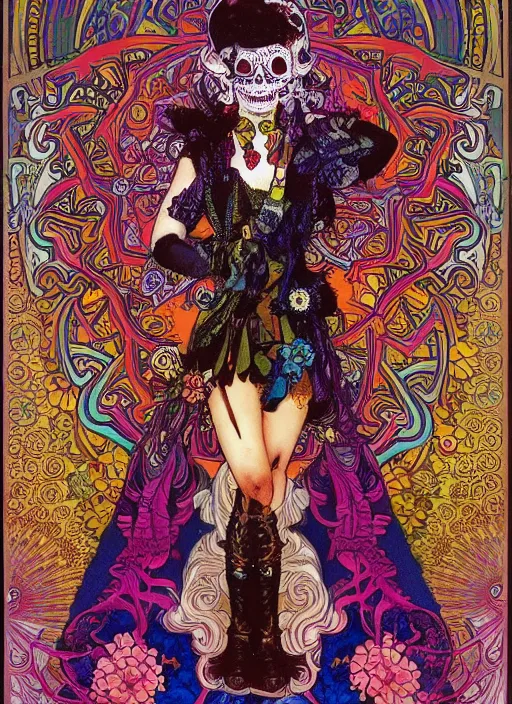 Prompt: realistic detailed psychedelic poster art of a cute punk goth fractal Día de los Muertos girl posing by Victor Moscoso Rick Griffin Alphonse Mucha Jamie Hewlett Moebius, masterpiece