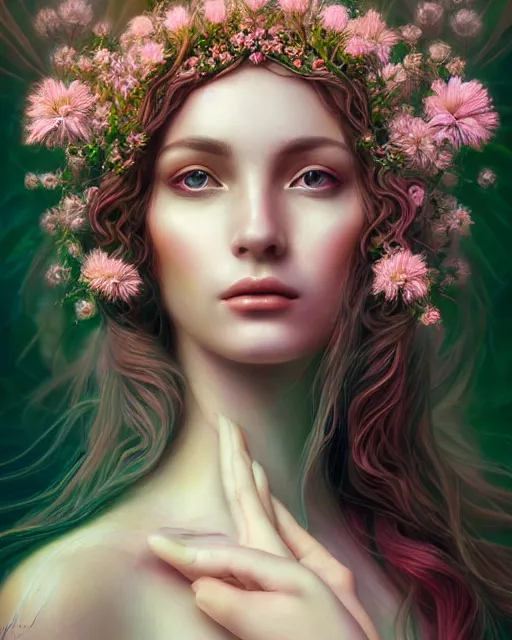 Image similar to portrait of a beautiful goddess of nature, graceful beauty, esoteric, nature and floral aesthetics, other worldly colors, head in focus, intricate, elegant, highly detailed, artstation, artistic, concept art, painterly, sharp focus, art style by emilia elfe