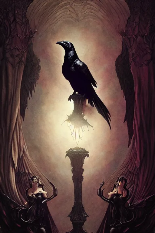 Image similar to raven perched on a statue of beautiful woman in a dark gothic room, gothic lighting, full frame, by wayne barlowe, peter mohrbacher, kelly mckernan, james o barr