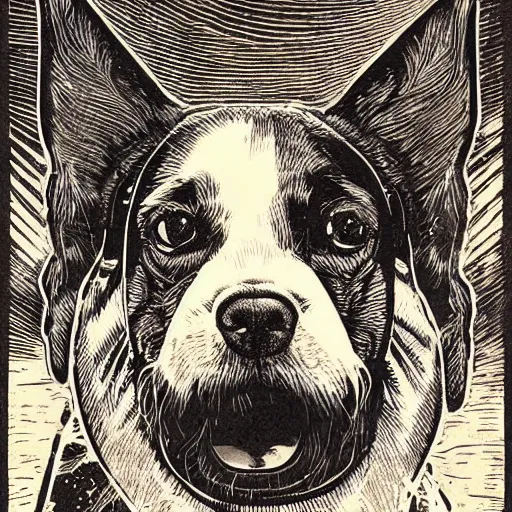 Prompt: Woodcut portrait of a beautiful cute dog with robot ears by falling into the stars greg rutkowski, 4k, intricate details