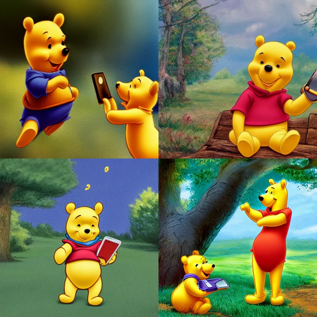 Winnie the pooh trying to use a mobile phone, | Stable Diffusion | OpenArt