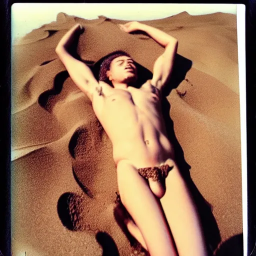 Prompt: found polaroid of a black liquid / mousse / ice cream assembled into the god of contortion and enjoying a sand bath