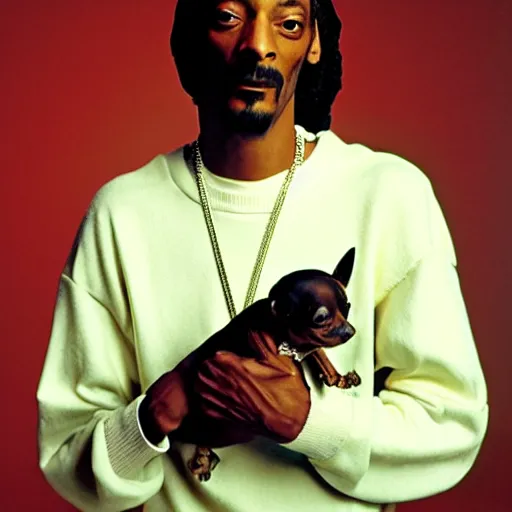 Prompt: Snoop Dogg holding a chihuahua for a 1990s sitcom tv show, Studio Photograph, portrait, C 12.0