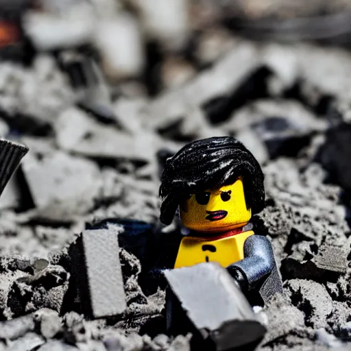 Prompt: A burned Lego figure in rubble,