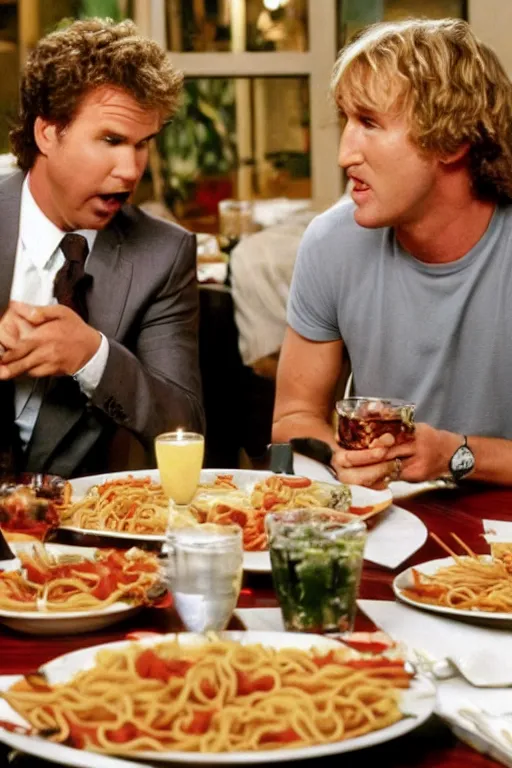 Prompt: will ferrell sitting across from owen wilson at an olive garden restaurant, slurping spaghetti like lady and the tramp movie, endless breadsticks in the background, cinematic