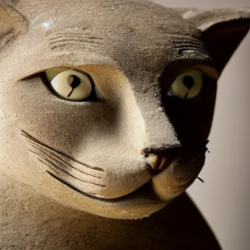 Image similar to close - up museum photo of an ancient limestone clay statue of a cute cat, with letter ה!!! on its head, clay, hebrew, israel, studio lighting, professional, promo,