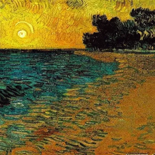 Image similar to a beautiful sunrise in a yucatan beach by van gogh