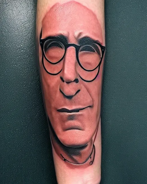 Image similar to a really bad tattoo of larry david, realism tattoo