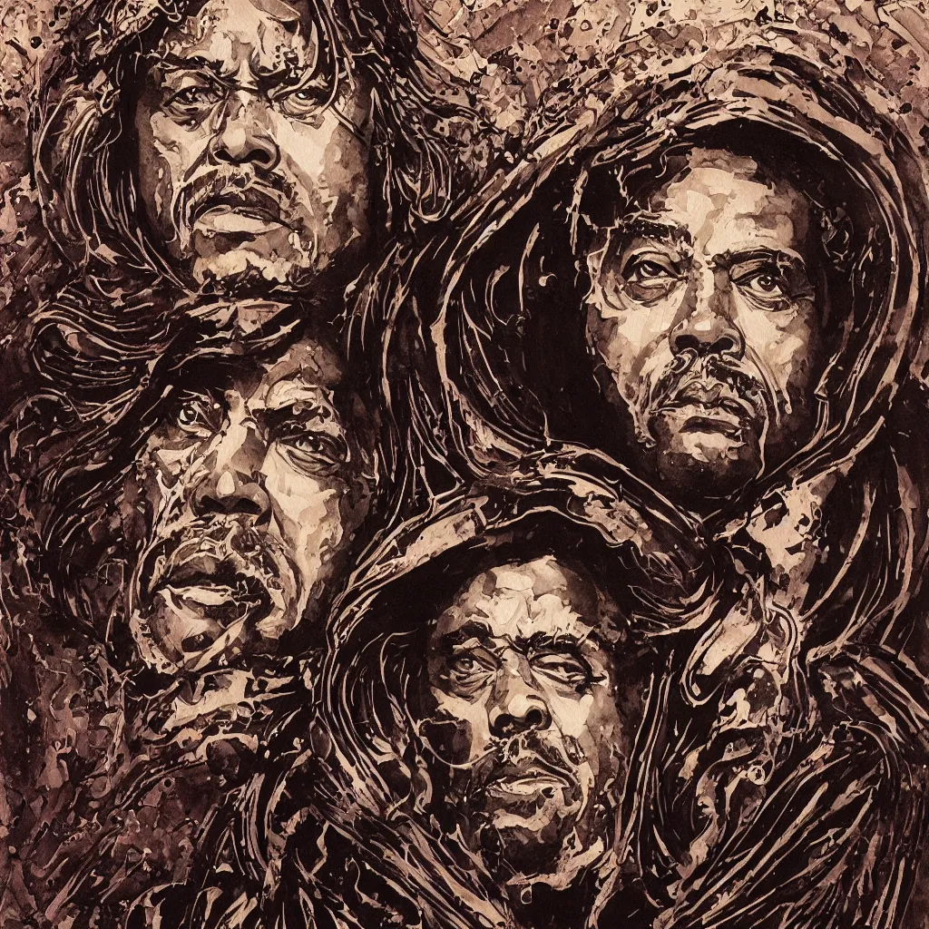Prompt: A dramatic art nouveau bust portrait of James Earl Jones with long black hair as Thulsa Doom in scratchy detailed armor, metallic art nouveau shield design borders, by Travis Charest, Jia Ruan and Bill Sienkiewicz, fantasy art, watercolor, bleed, splatters, random brush strokes, epic lighting and depth of field, sinister ambience, malevolent expression, determination, dominance, confidence, accurate symmetrical facial details, sumerian, roman, egyptian, medieval, barbarians, warriors, knights, maidens