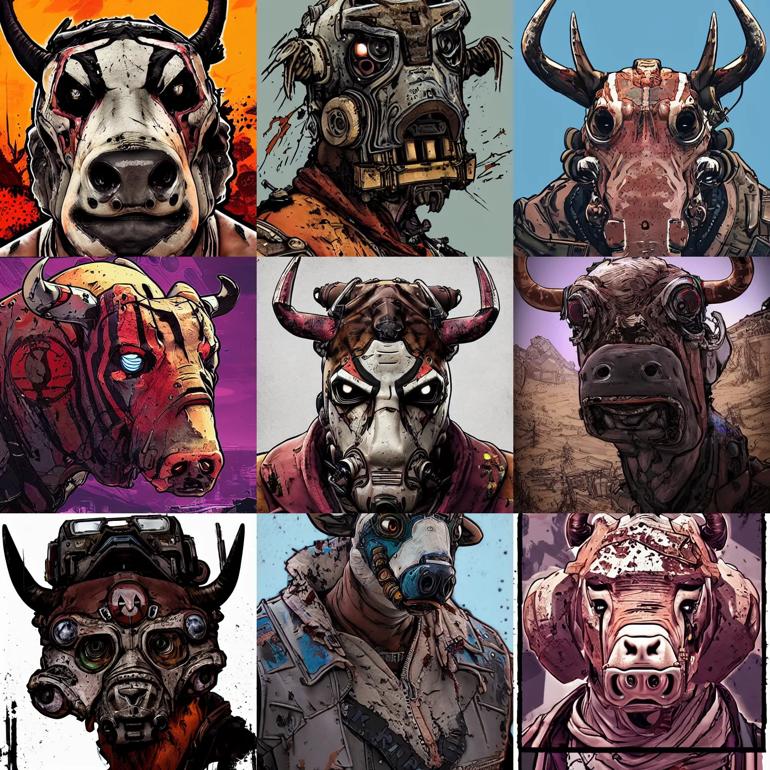 Prompt: borderlands 3 !!! animal bull!!! cell shaded! scary head portrait of bull!!! animal cyborg as Borderlands 3 concept art, llustration, postapocalyptic grunge, concept art by Laurie Greasley, highly detailed, sharp focus,alien, HQ, 4K ,art by Laurie Greasley