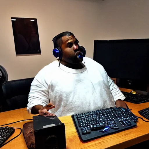 Prompt: obese Kanye West wearing a headset yelling at his monitor while playing WoW highly detailed wide angle lens 10:9 aspect ration award winning photography