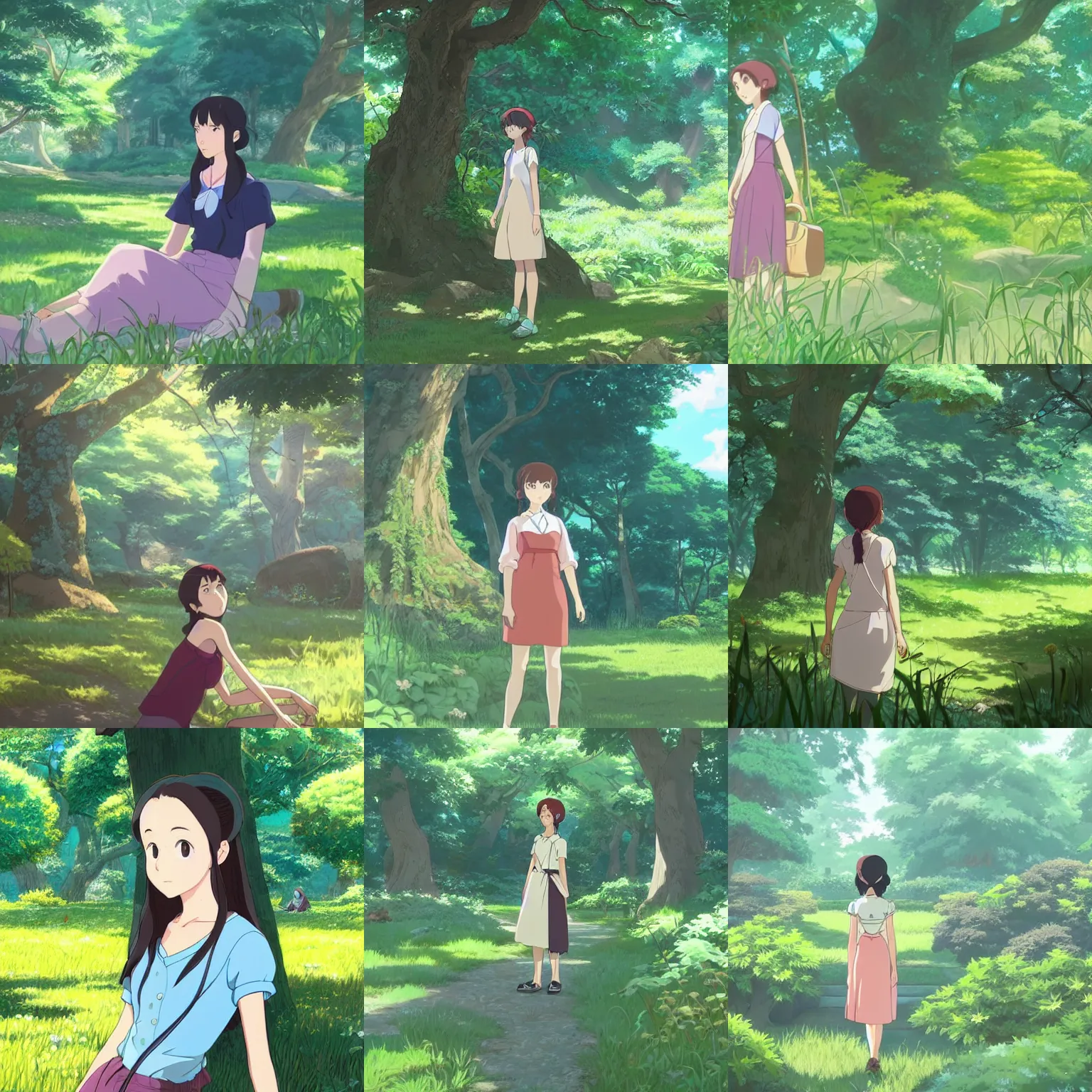 Prompt: Character portrait of a young woman in a lush park, highly detailed, cel shading, Studio Ghibli still, by Makoto Shinkai and Akihiko Yoshida