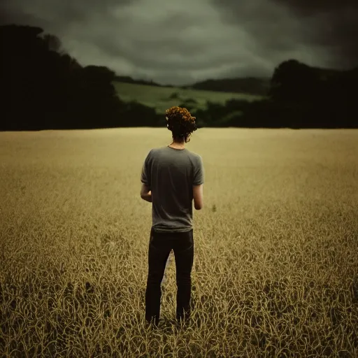 Image similar to kodak portra 1 6 0 photograph of a skinny guy standing in field of skulls, flower crown, back view, moody lighting, moody vibe, telephoto, 9 0 s vibe, blurry background, tranquil, calm, faded!,