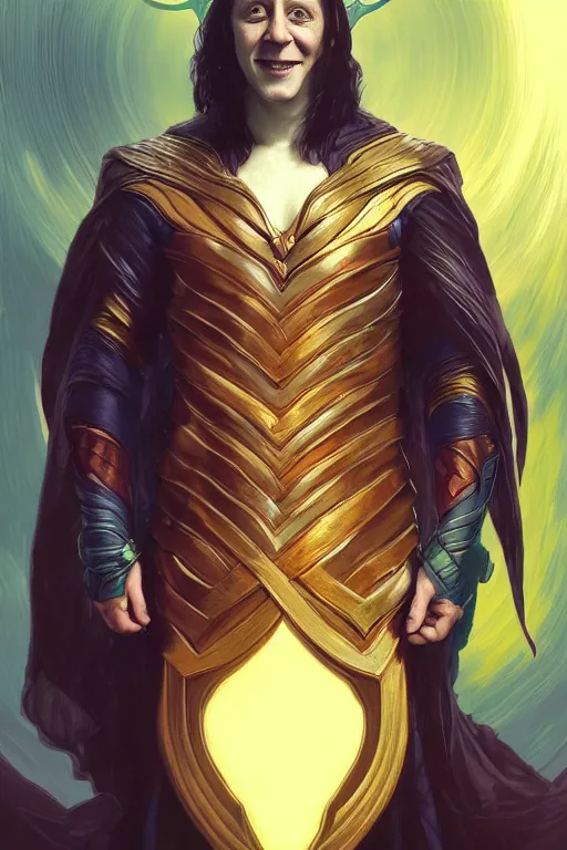 Image similar to Boris Johnson as Loki, realistic portrait, symmetrical, highly detailed, digital painting, artstation, concept art, smooth, sharp focus, illustration, cinematic lighting, art by artgerm and greg rutkowski and alphonse mucha