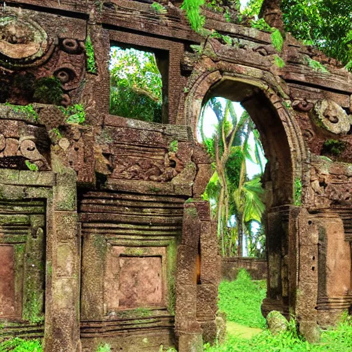 Image similar to candi bentar, javanese split gateway. separate halves. fantasy concept art. overgrown, mossy, cracked and worn