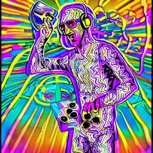 Image similar to svg sticker of a Dancing-Alex-Grey-Psychedelic-Rave-Man, at a rave, spinning records, giant headphones rocking out, wearing headphones, huge speakers, dancing, rave, DJ, spinning records, digital art, amazing composition, rule-of-thirds, award-winning, trending on artstation, featured on deviantart