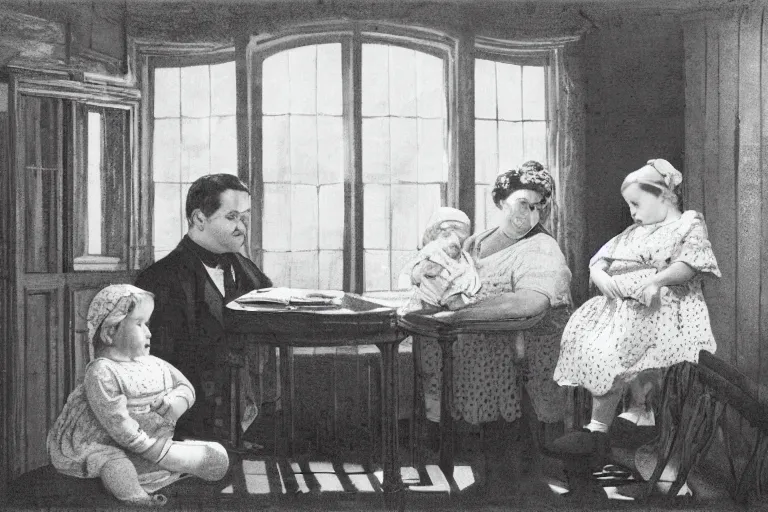 Image similar to charming and chubby parents and their very fat baby girl, wearing a polka dot cloths and a victorian - style hairdo, sits in the large and bright studio. sunlight enters through the barred window. modern etching style. beautiful lighting, 4 k post - processing, highly detailed, 5 k extremely detailed, 3 d. cinematic scene.