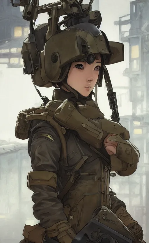 Prompt: portrait of mechanized soldier girl, anime style, urban in background, soldier clothing, combat helmet, short hair, hair down, symmetrical facial features, from arknights, hyper realistic, 4 k, rule of thirds, extreme detail, detailed drawing, trending artstation, hd, d & d, realistic lighting, by alphonse mucha, greg rutkowski