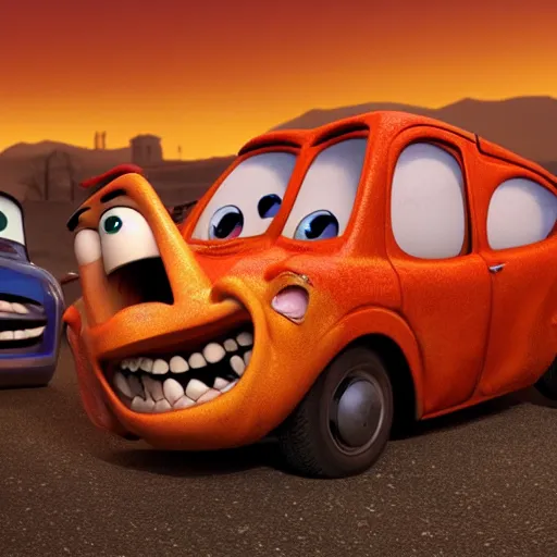 Prompt: horrifying Pixar cars, Pixar style horror,