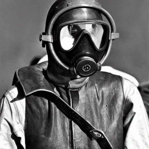 Image similar to A ww2 pilot wearing a gasmask and goggles, 1990's photo, realistic