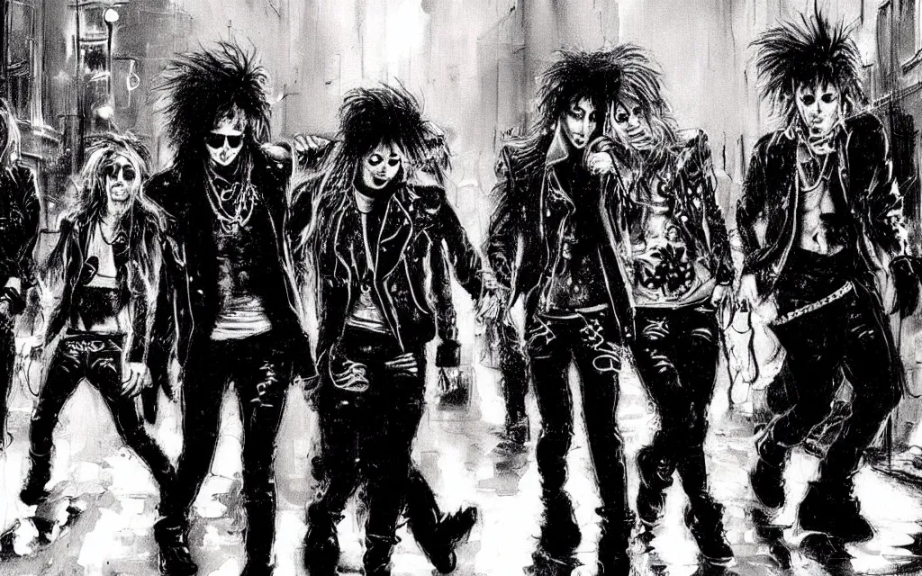 Prompt: !dream concept art, four glam rockers dressd as a mix of hooligans and whores, walking down a dark wet london alley at night, by ashley wood, by roger deakins, atmospheric