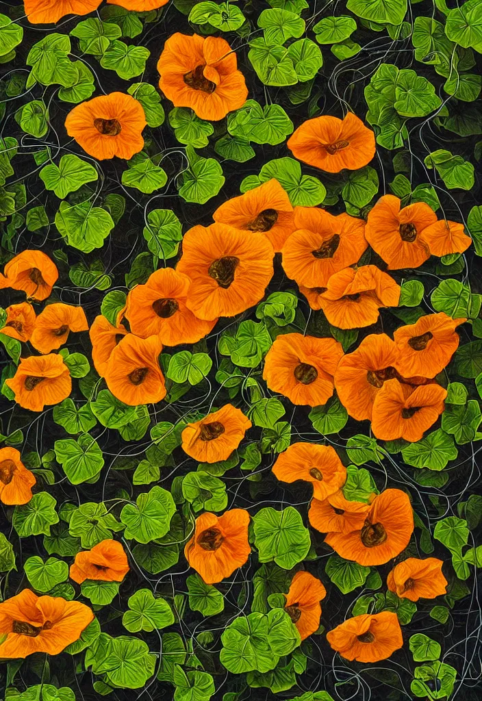 Image similar to award winning hyperrealistic artwork about entangled sunflowers and falling nasturtiums with vines, high definition, fine details, closeup, macro