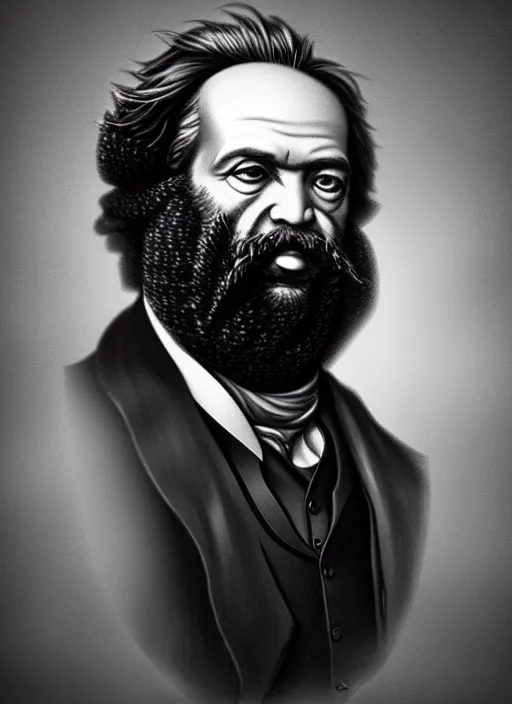 Image similar to a detailed full body painted portrait of karl marx by artist hadi karimi, wlop, artgerm, greg rutkowski, smirk expression, dramatic lowkey studio lighting, accurate skin textures, hyperrealism, aesthetically pleasing and harmonious vintage colors