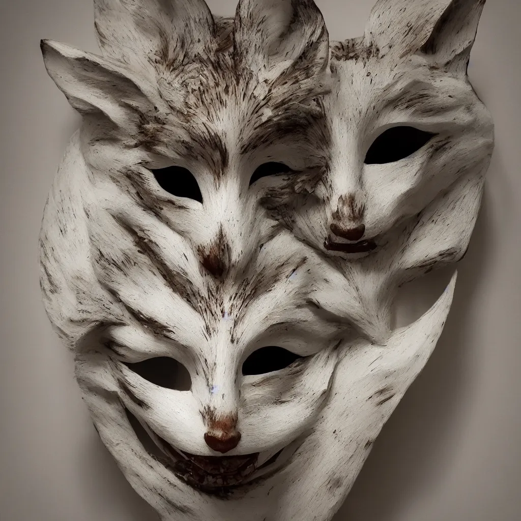 Prompt: photo of kitsune mask, still life, iso 1 0 0, shutter speed 1 2 5, aperture 8, award winning