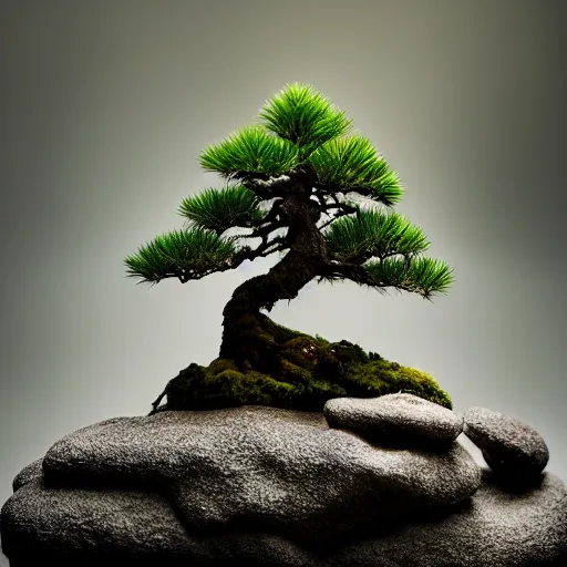 Prompt: fhoto bonsai fir on a small rough rock with shades of edges, in lake, fog, medium shot, volumetric lighting, beautiful, sharp focus, ultra detailed, cgsociety by leesha hannigan, thierry doizon, kai carpenter, ignacio fernandez rios, noir art house, 4 k, 3 5 mm, fujifilm